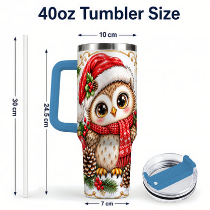 #pl[40oz|Blue] Cute Christmas Owl 40oz Tumbler with Handle, Snowy Woodland Bird Art