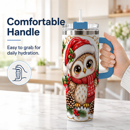 #pl[40oz|Blue] Cute Christmas Owl 40oz Tumbler with Handle, Snowy Woodland Bird Art