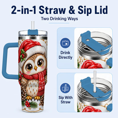 #pl[40oz|Blue] Cute Christmas Owl 40oz Tumbler with Handle, Snowy Woodland Bird Art