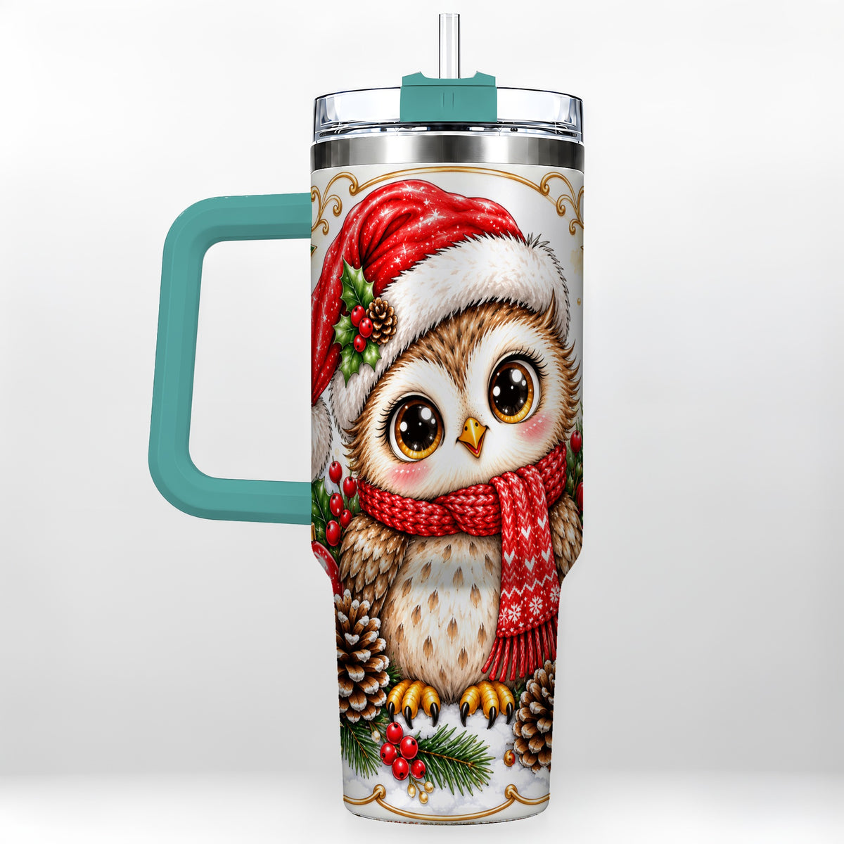 #pl[40oz|Green] Cute Christmas Owl 40oz Tumbler with Handle, Snowy Woodland Bird Art