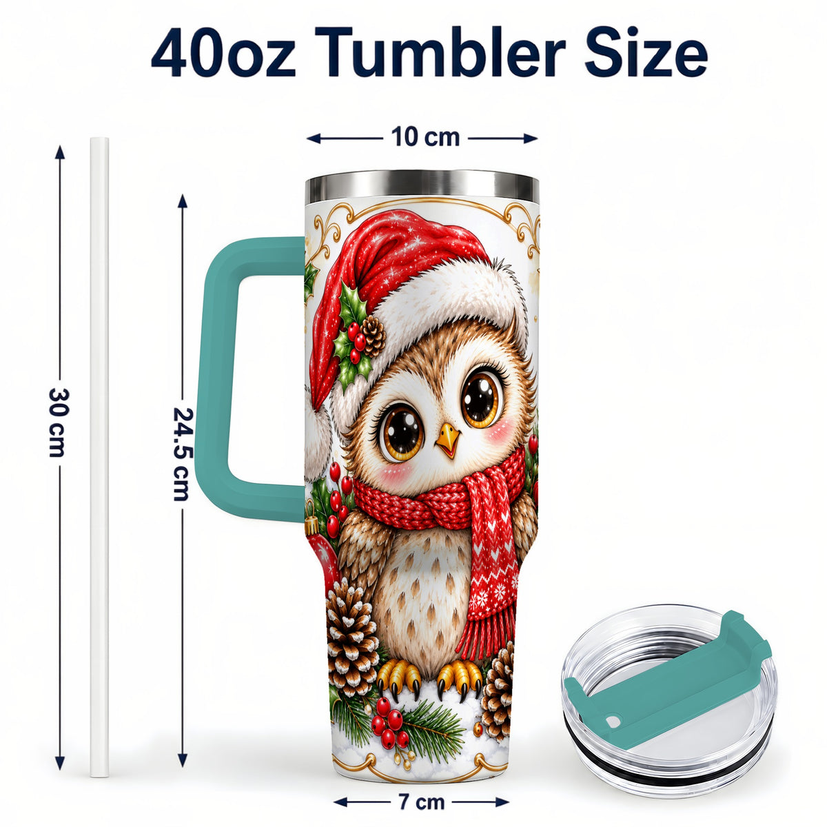 #pl[40oz|Green] Cute Christmas Owl 40oz Tumbler with Handle, Snowy Woodland Bird Art