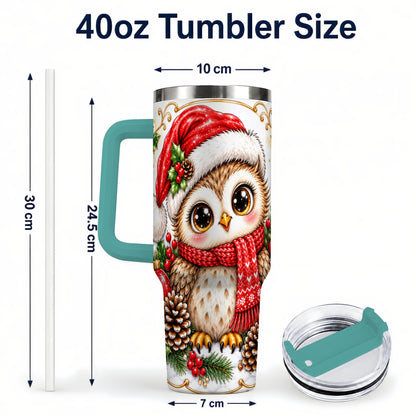#pl[40oz|Green] Cute Christmas Owl 40oz Tumbler with Handle, Snowy Woodland Bird Art