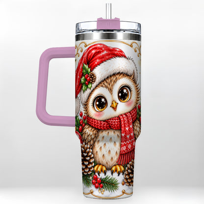 #pl[40oz|Pink] Cute Christmas Owl 40oz Tumbler with Handle, Snowy Woodland Bird Art