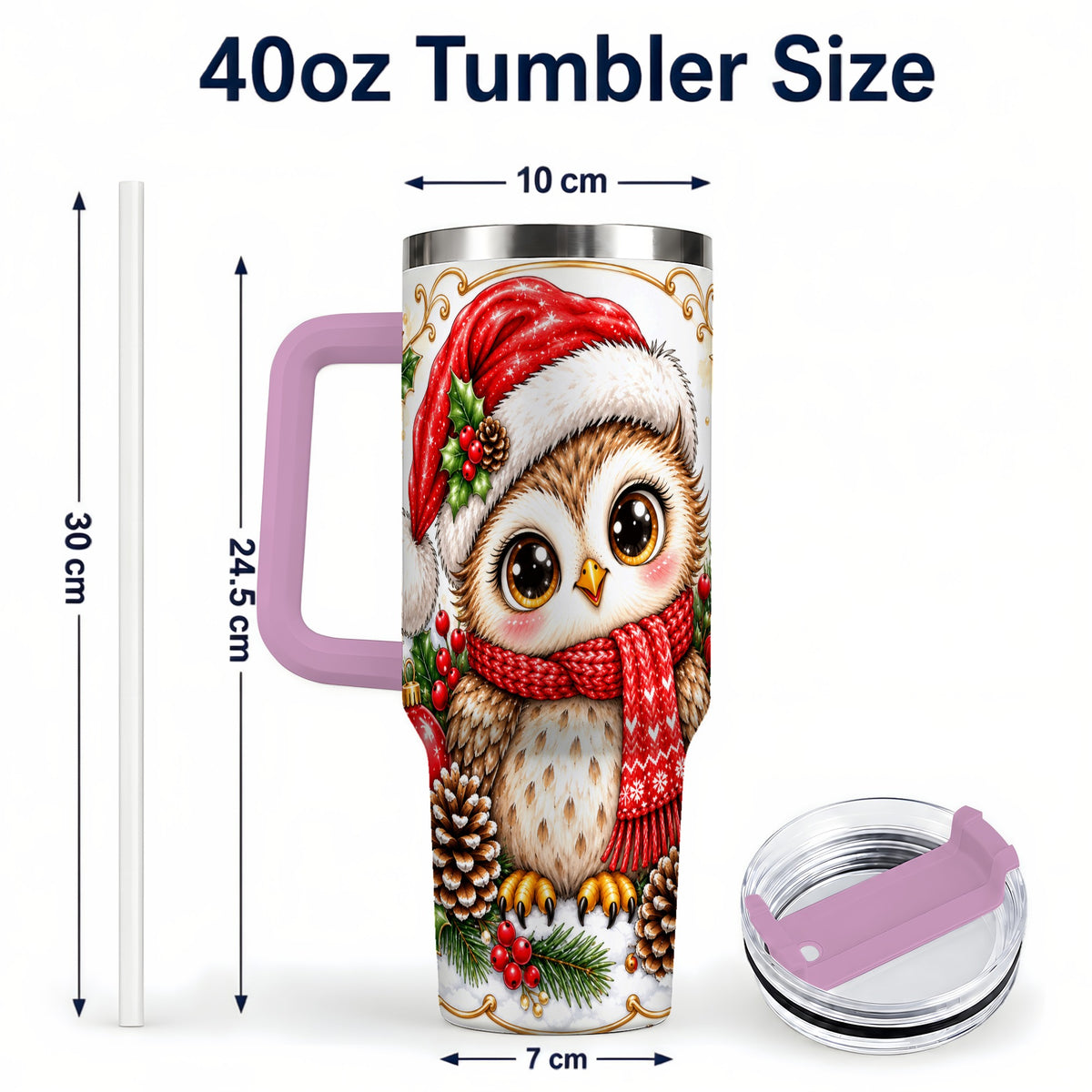 #pl[40oz|Pink] Cute Christmas Owl 40oz Tumbler with Handle, Snowy Woodland Bird Art
