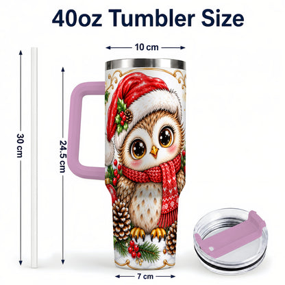 #pl[40oz|Pink] Cute Christmas Owl 40oz Tumbler with Handle, Snowy Woodland Bird Art