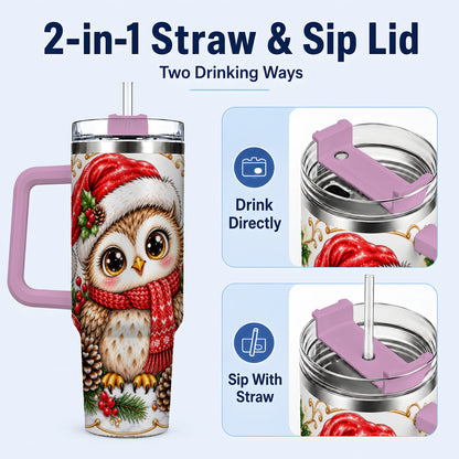 #pl[40oz|Pink] Cute Christmas Owl 40oz Tumbler with Handle, Snowy Woodland Bird Art