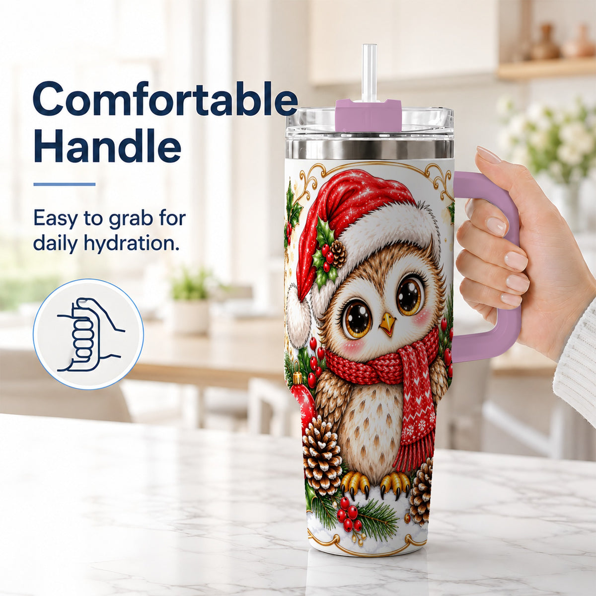 #pl[40oz|Pink] Cute Christmas Owl 40oz Tumbler with Handle, Snowy Woodland Bird Art