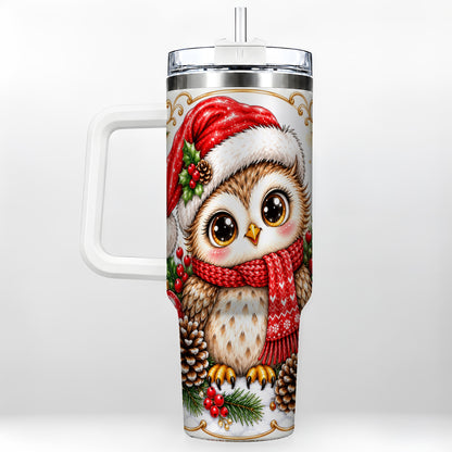 Cute Christmas Owl 40oz Tumbler with Handle, Snowy Woodland Bird Art