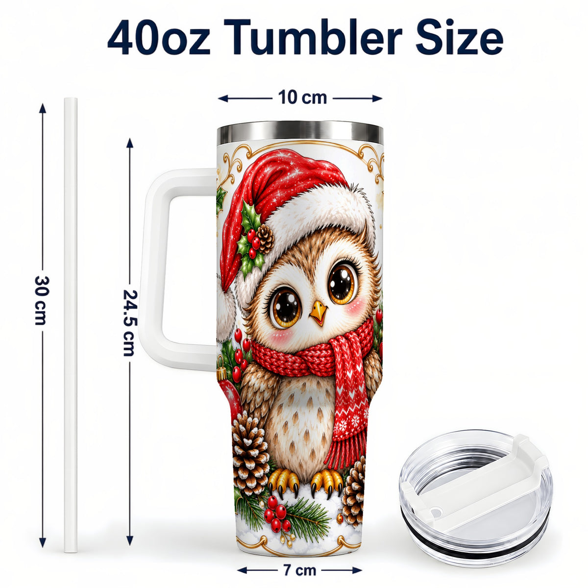 #pl[40oz|White] Cute Christmas Owl 40oz Tumbler with Handle, Snowy Woodland Bird Art