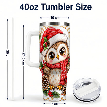 #pl[40oz|White] Cute Christmas Owl 40oz Tumbler with Handle, Snowy Woodland Bird Art