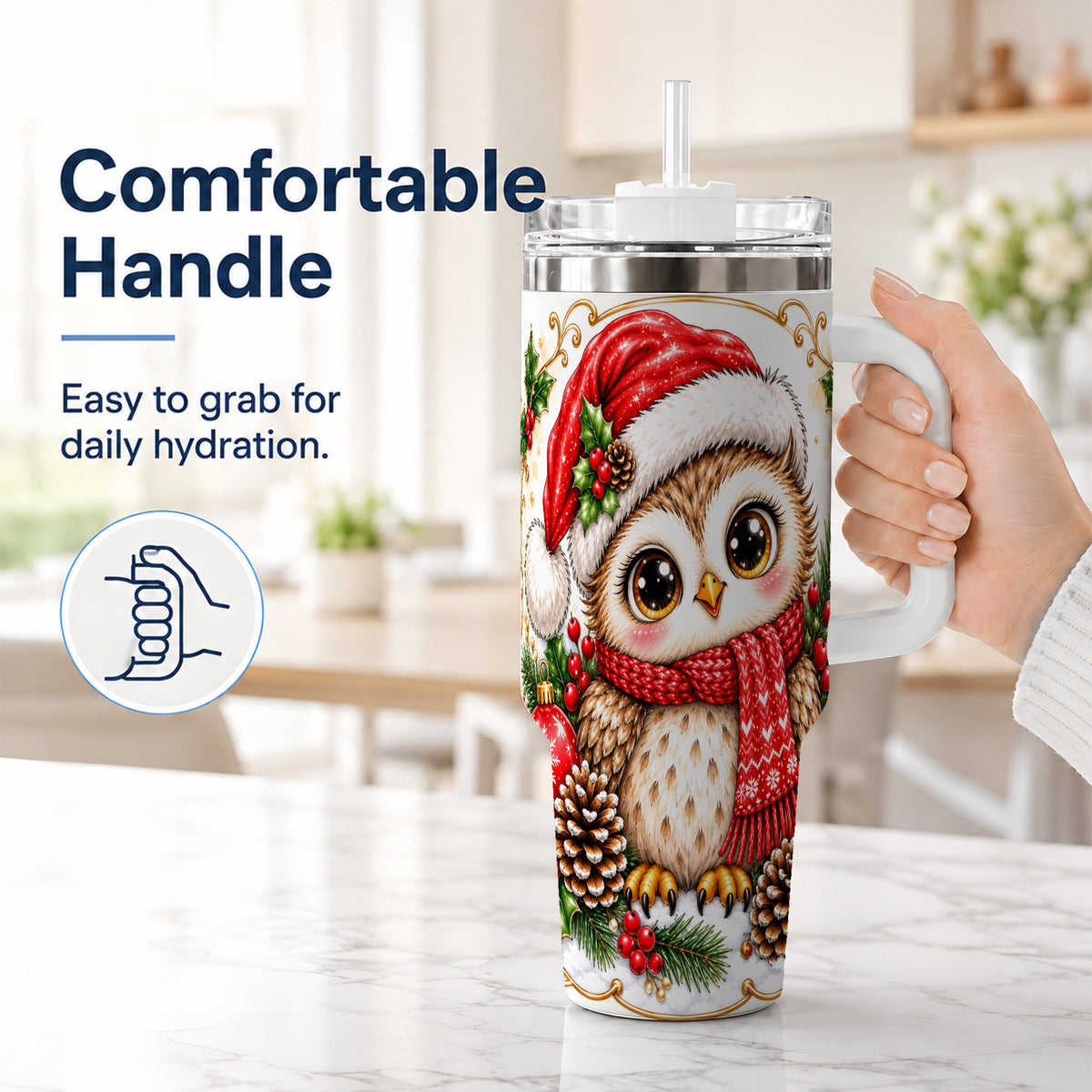 #pl[40oz|White] Cute Christmas Owl 40oz Tumbler with Handle, Snowy Woodland Bird Art