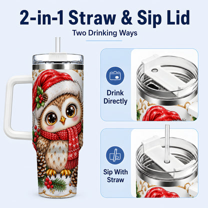 #pl[40oz|White] Cute Christmas Owl 40oz Tumbler with Handle, Snowy Woodland Bird Art