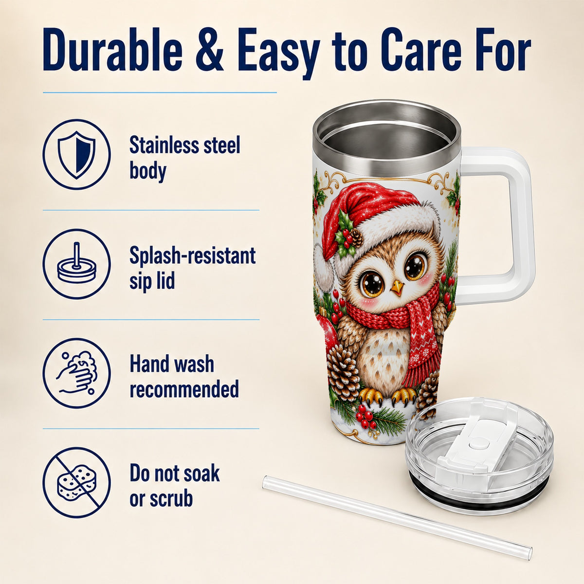 Cute Christmas Owl 40oz Tumbler with Handle, Snowy Woodland Bird Art