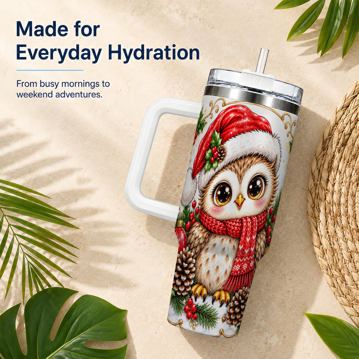Cute Christmas Owl 40oz Tumbler with Handle, Snowy Woodland Bird Art