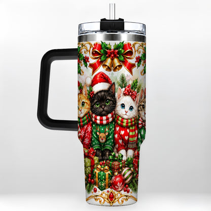 #pl[40oz|Black] Christmas Kittens 40oz Tumbler with Handle, Four Festive Cats Design