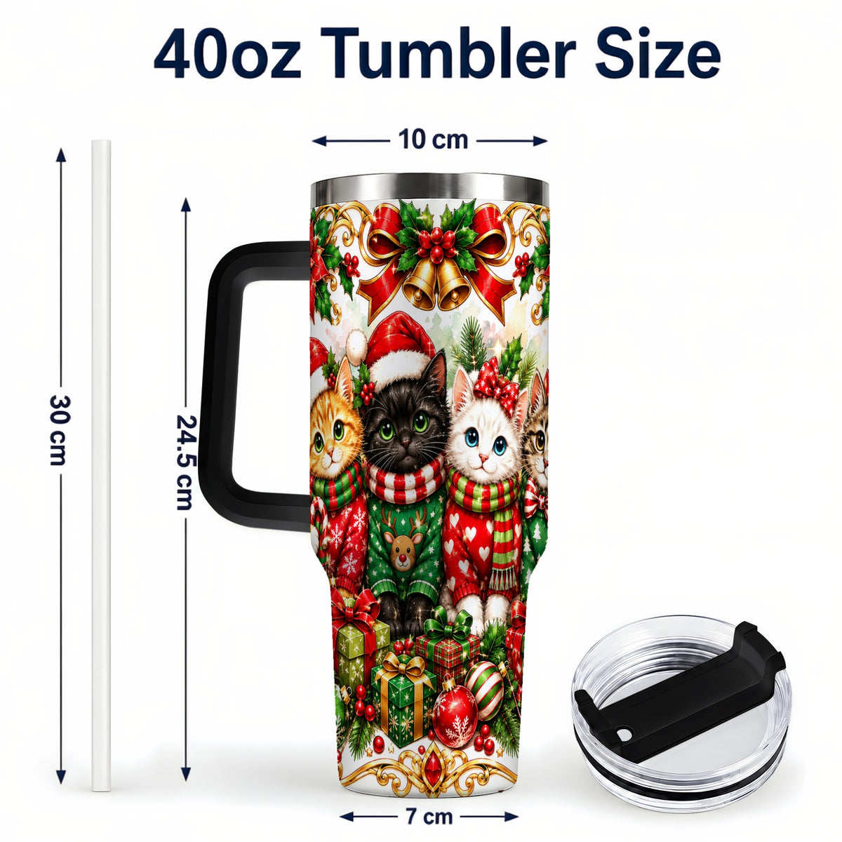 #pl[40oz|Black] Christmas Kittens 40oz Tumbler with Handle, Four Festive Cats Design