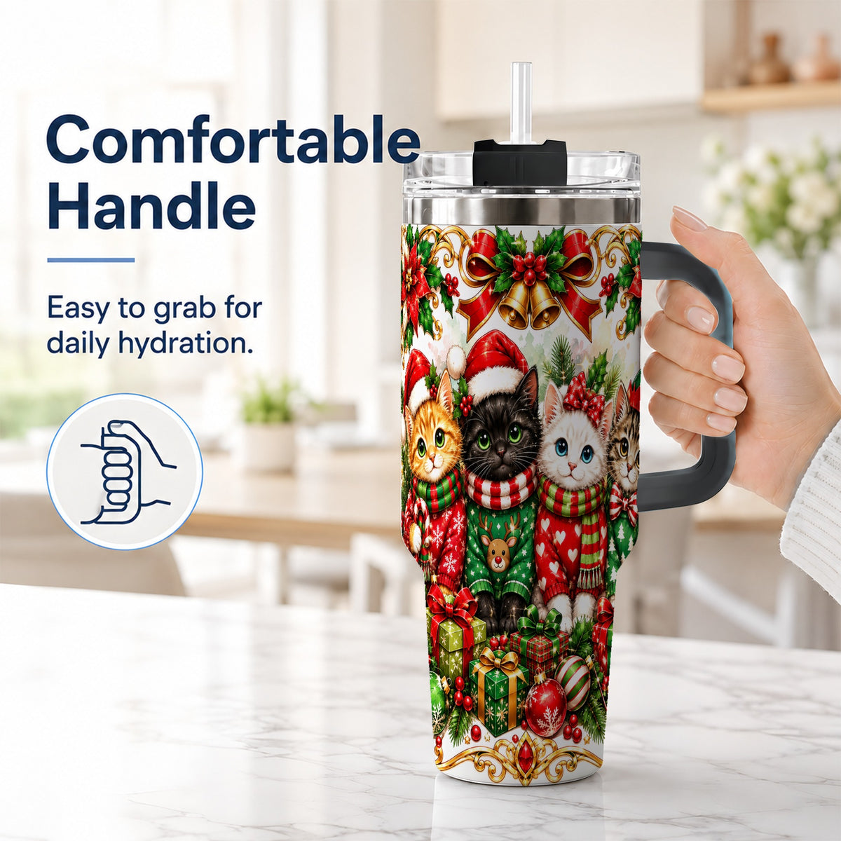 #pl[40oz|Black] Christmas Kittens 40oz Tumbler with Handle, Four Festive Cats Design
