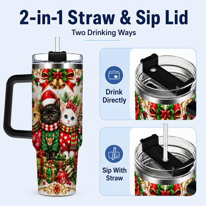 #pl[40oz|Black] Christmas Kittens 40oz Tumbler with Handle, Four Festive Cats Design
