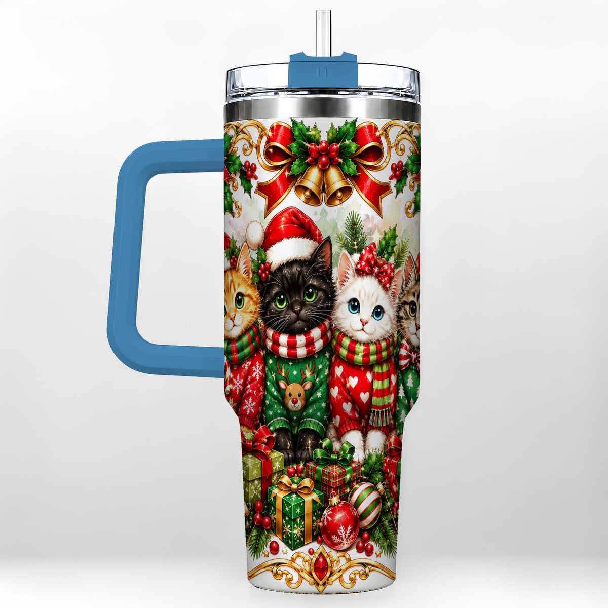 #pl[40oz|Blue] Christmas Kittens 40oz Tumbler with Handle, Four Festive Cats Design