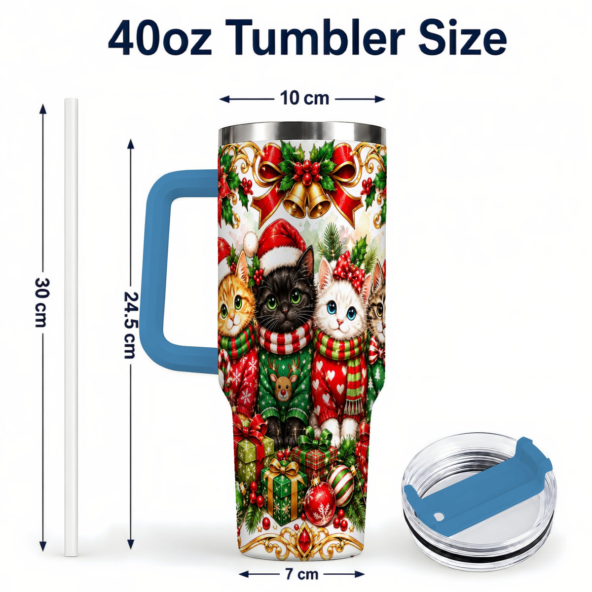 #pl[40oz|Blue] Christmas Kittens 40oz Tumbler with Handle, Four Festive Cats Design