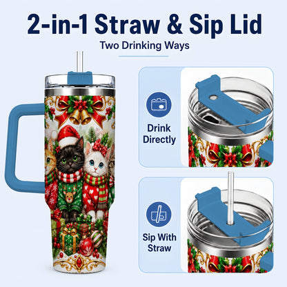 #pl[40oz|Blue] Christmas Kittens 40oz Tumbler with Handle, Four Festive Cats Design