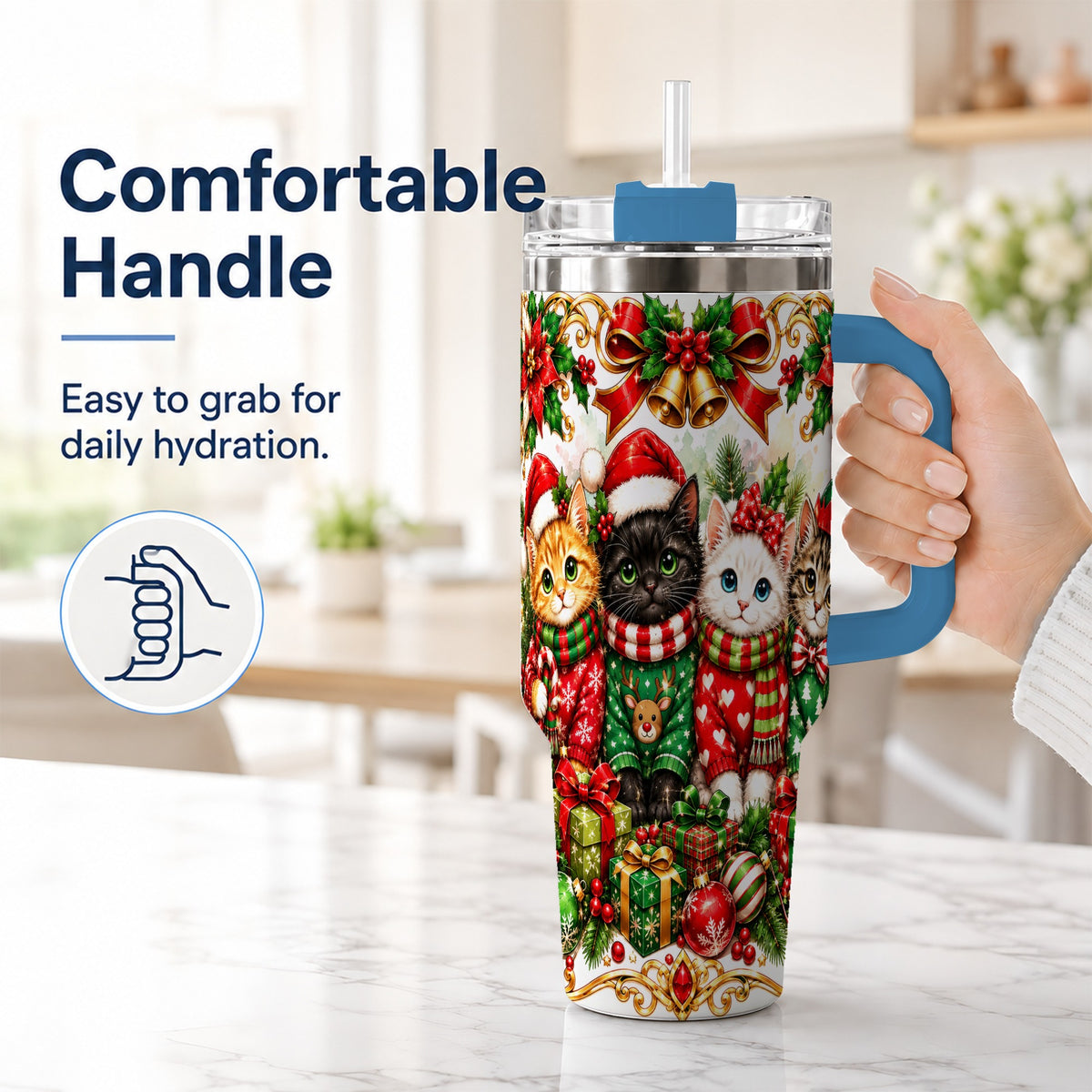 #pl[40oz|Blue] Christmas Kittens 40oz Tumbler with Handle, Four Festive Cats Design