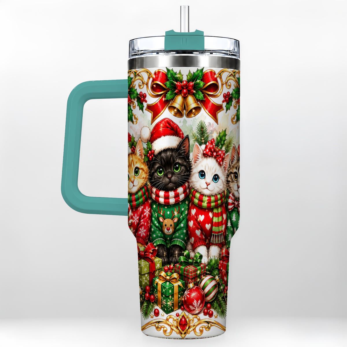 #pl[40oz|Green] Christmas Kittens 40oz Tumbler with Handle, Four Festive Cats Design