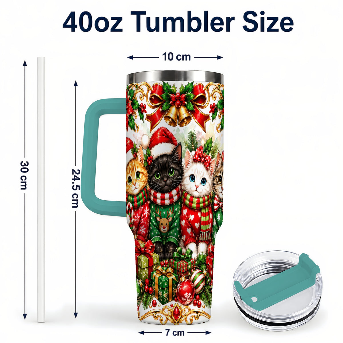 #pl[40oz|Green] Christmas Kittens 40oz Tumbler with Handle, Four Festive Cats Design