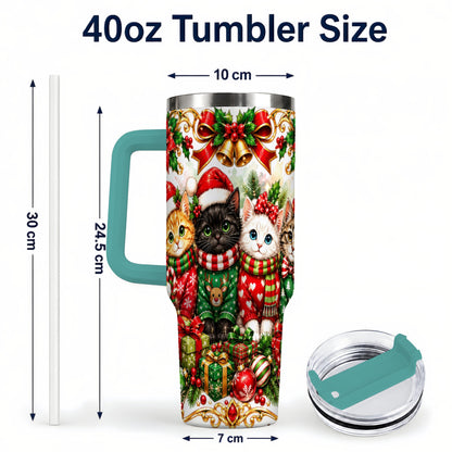 #pl[40oz|Green] Christmas Kittens 40oz Tumbler with Handle, Four Festive Cats Design