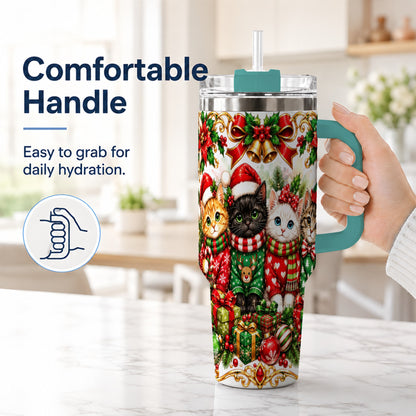 #pl[40oz|Green] Christmas Kittens 40oz Tumbler with Handle, Four Festive Cats Design