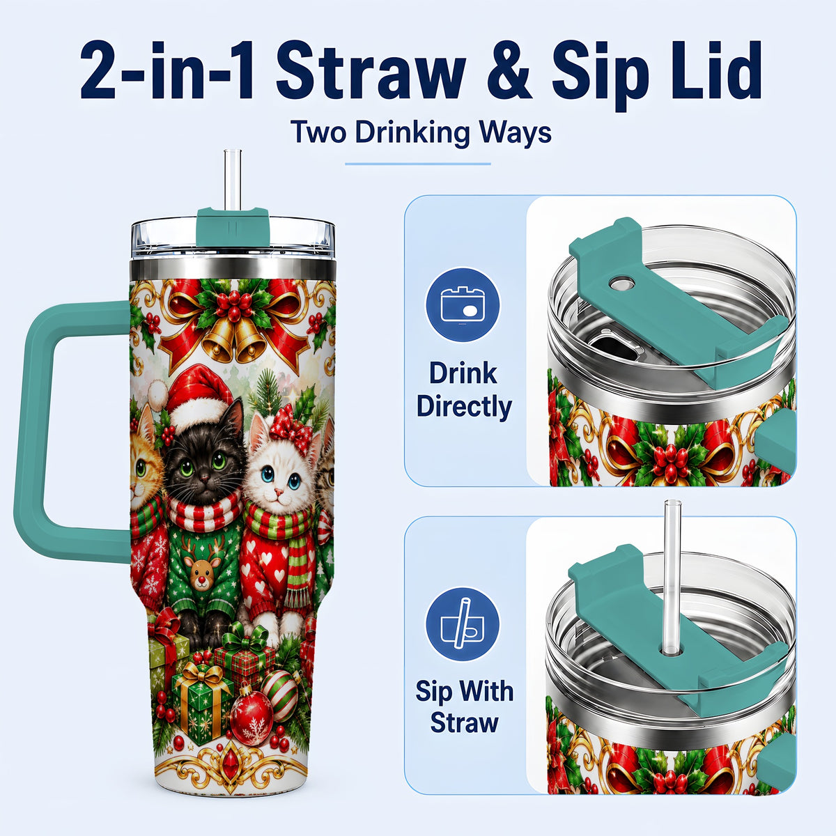 #pl[40oz|Green] Christmas Kittens 40oz Tumbler with Handle, Four Festive Cats Design