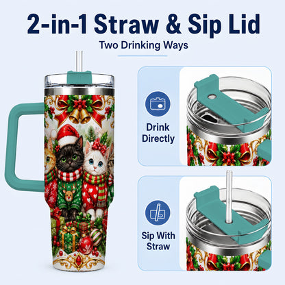 #pl[40oz|Green] Christmas Kittens 40oz Tumbler with Handle, Four Festive Cats Design
