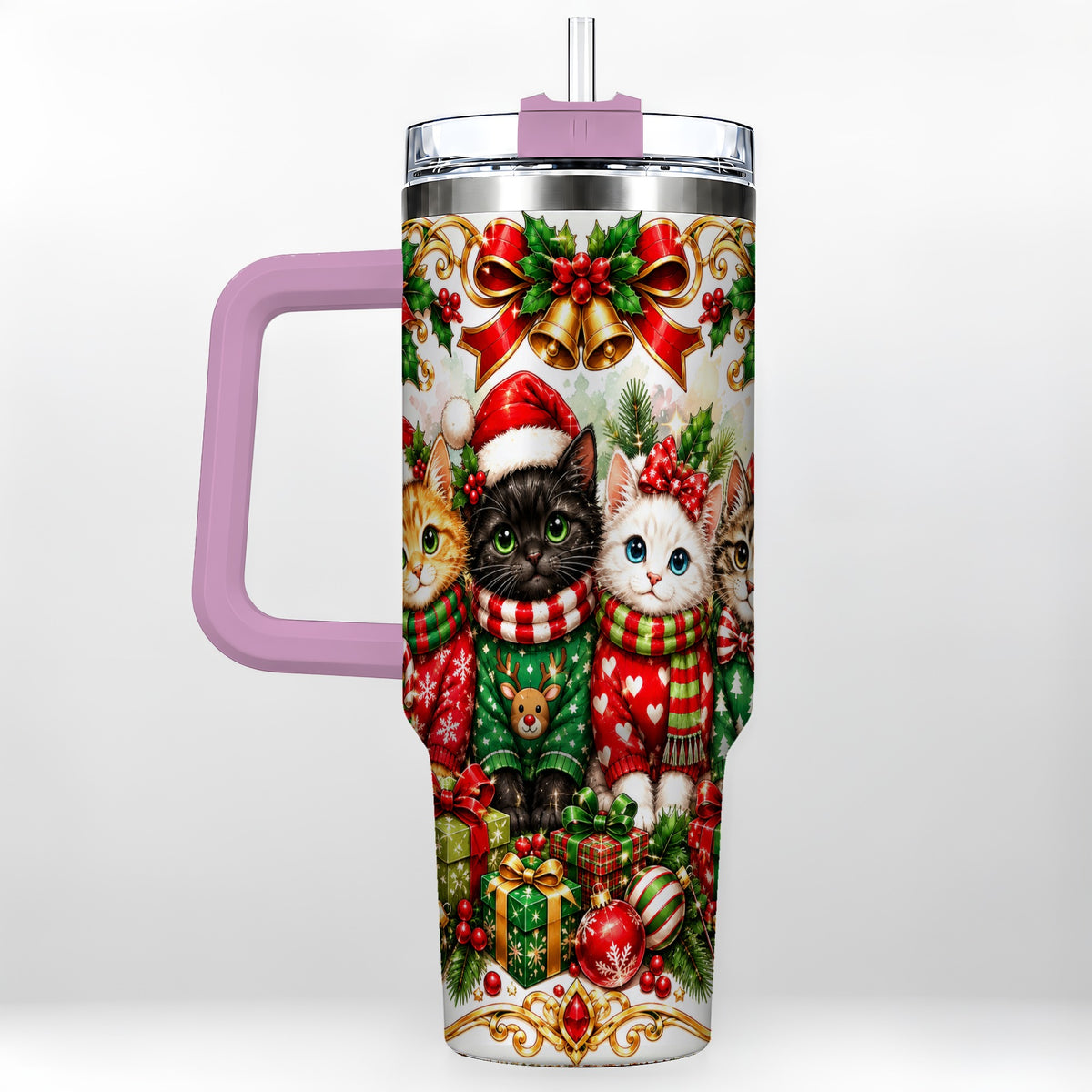 #pl[40oz|Pink] Christmas Kittens 40oz Tumbler with Handle, Four Festive Cats Design