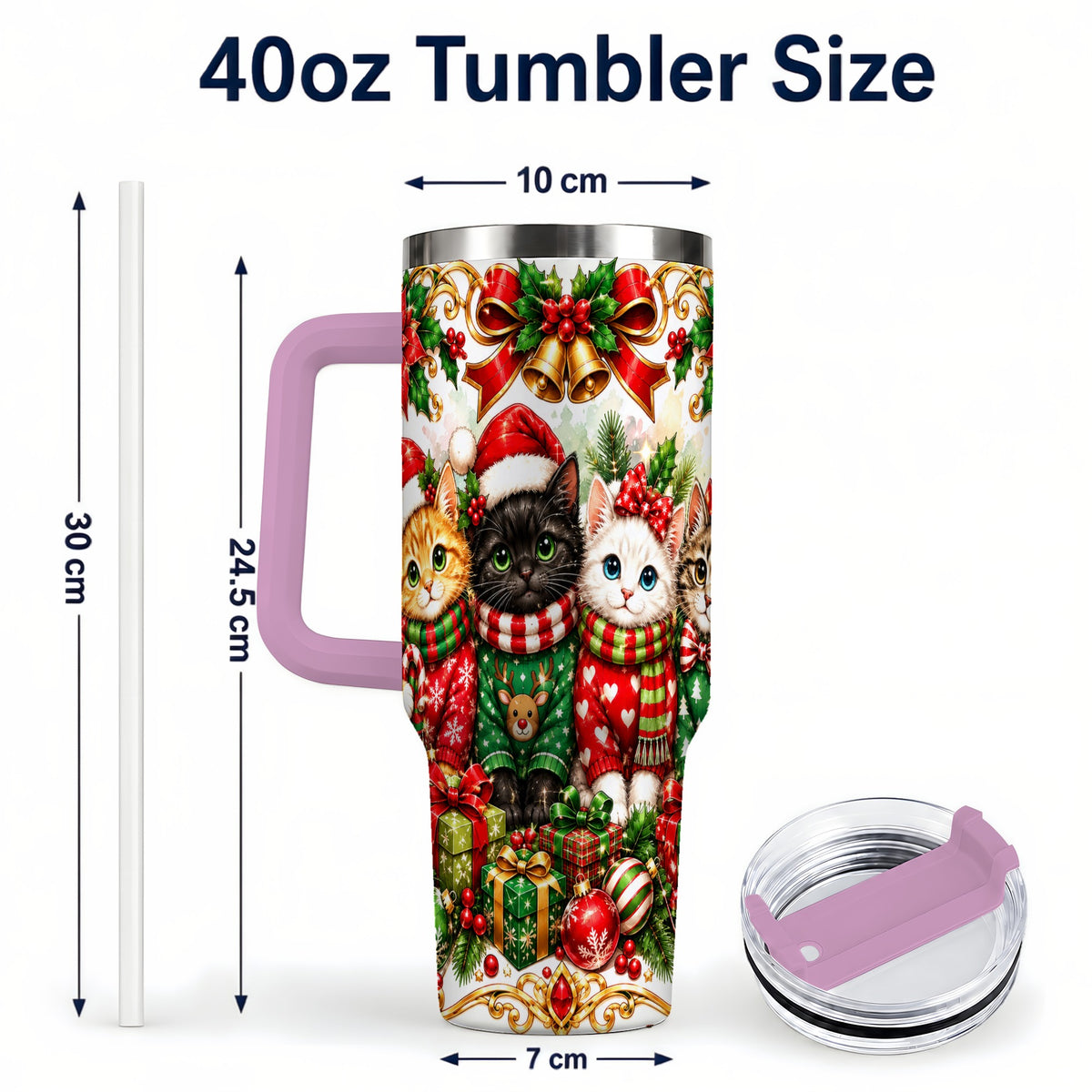 #pl[40oz|Pink] Christmas Kittens 40oz Tumbler with Handle, Four Festive Cats Design