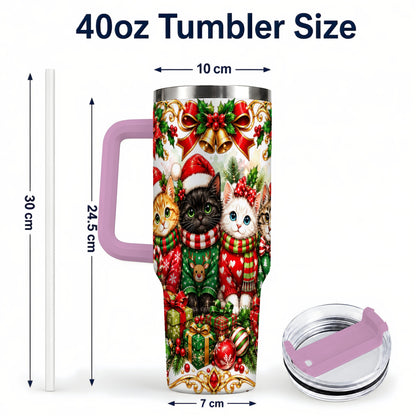 #pl[40oz|Pink] Christmas Kittens 40oz Tumbler with Handle, Four Festive Cats Design