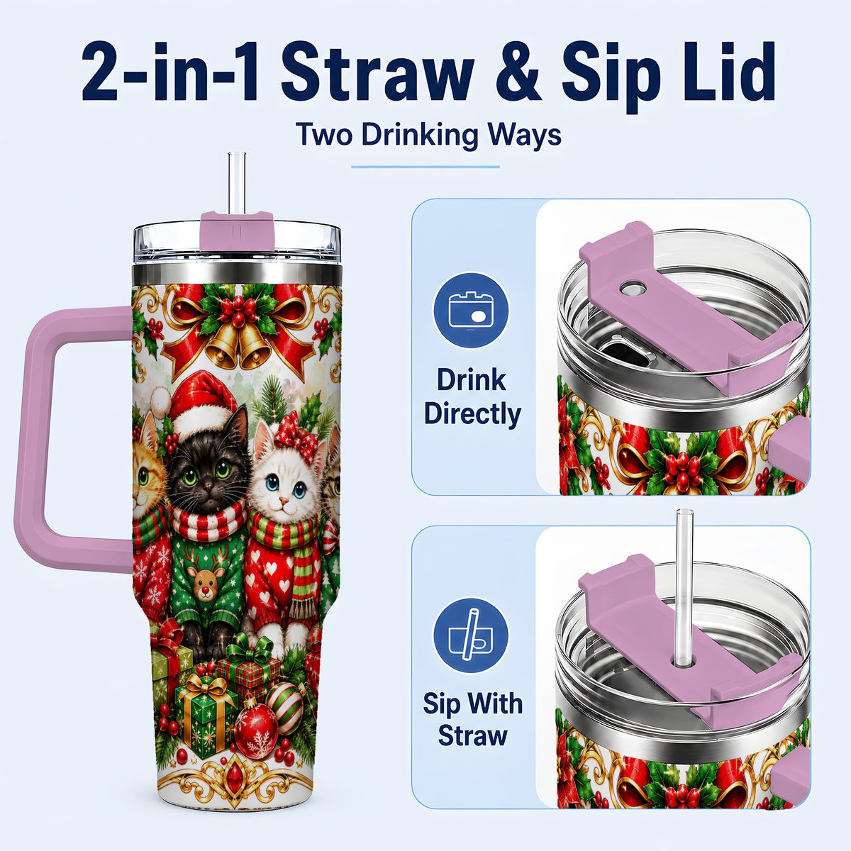 #pl[40oz|Pink] Christmas Kittens 40oz Tumbler with Handle, Four Festive Cats Design