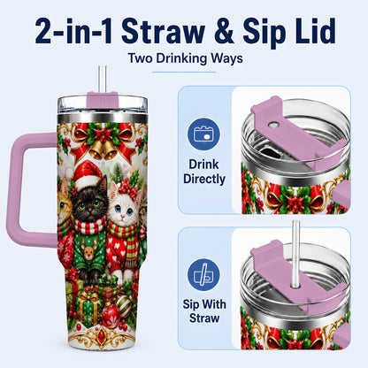 #pl[40oz|Pink] Christmas Kittens 40oz Tumbler with Handle, Four Festive Cats Design