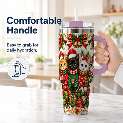 #pl[40oz|Pink] Christmas Kittens 40oz Tumbler with Handle, Four Festive Cats Design