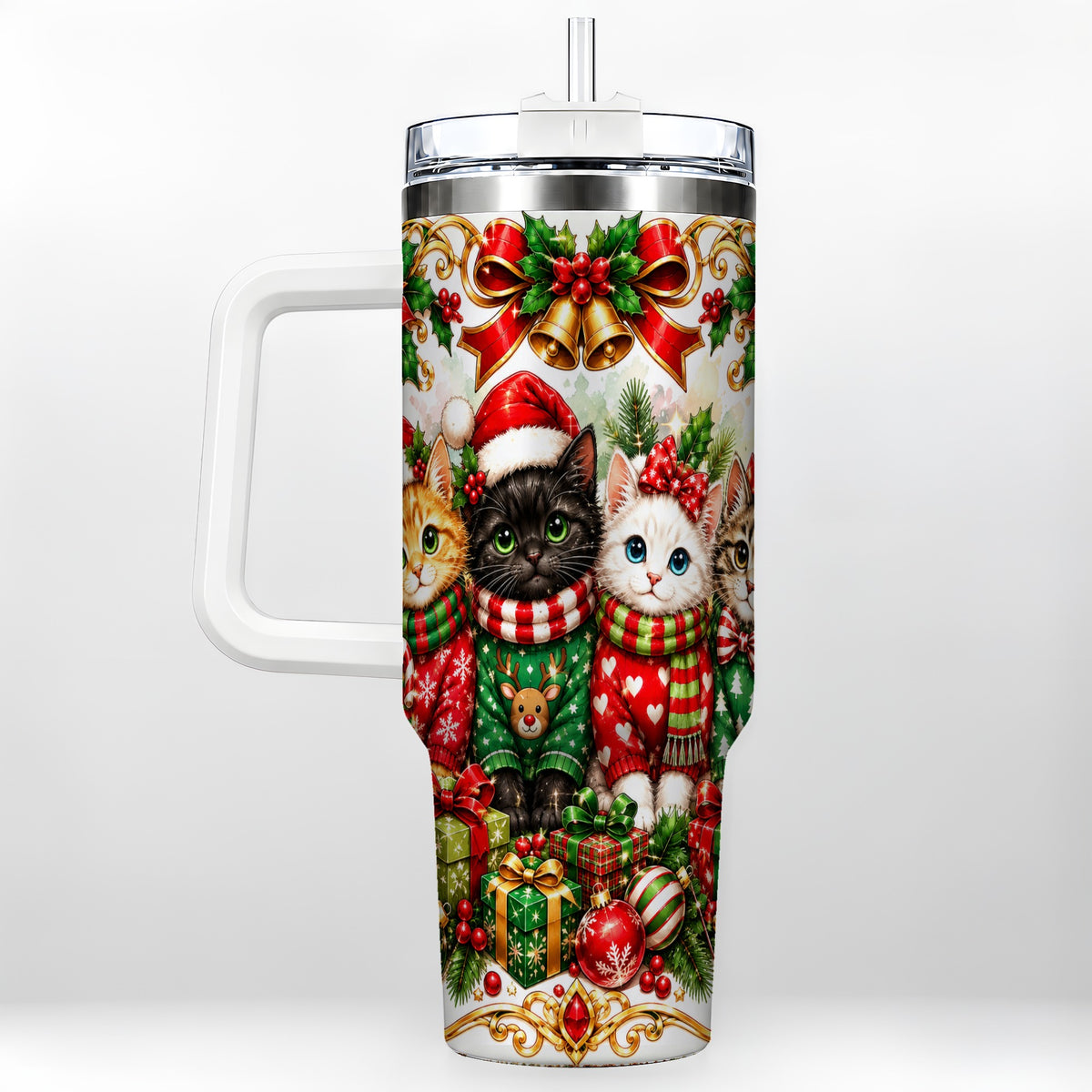 Christmas Kittens 40oz Tumbler with Handle, Four Festive Cats Design
