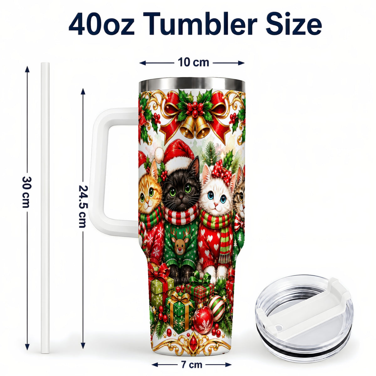 #pl[40oz|White] Christmas Kittens 40oz Tumbler with Handle, Four Festive Cats Design