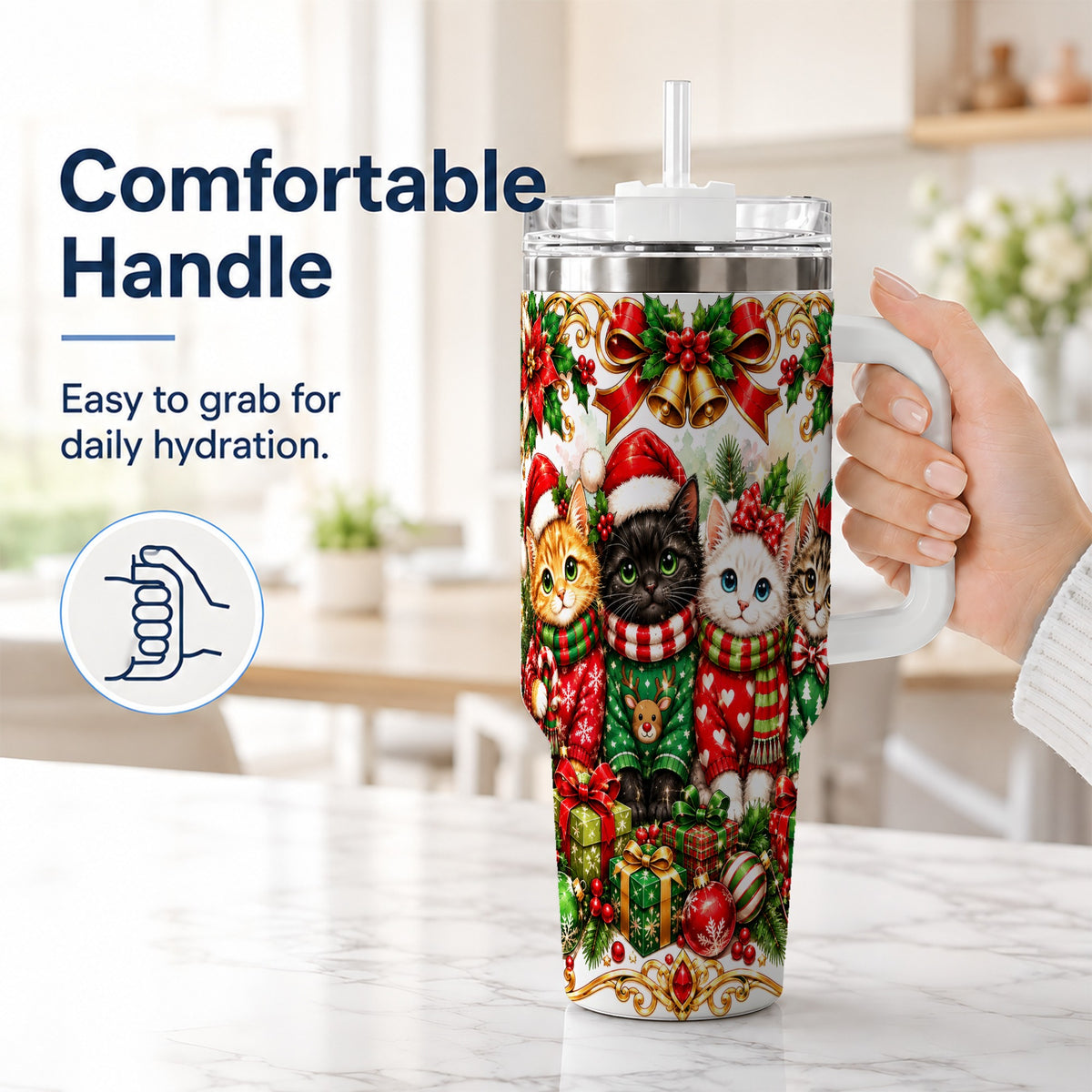#pl[40oz|White] Christmas Kittens 40oz Tumbler with Handle, Four Festive Cats Design