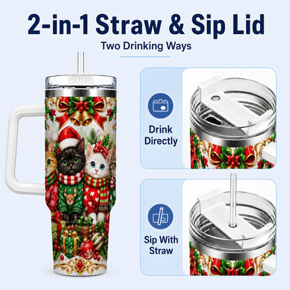 #pl[40oz|White] Christmas Kittens 40oz Tumbler with Handle, Four Festive Cats Design