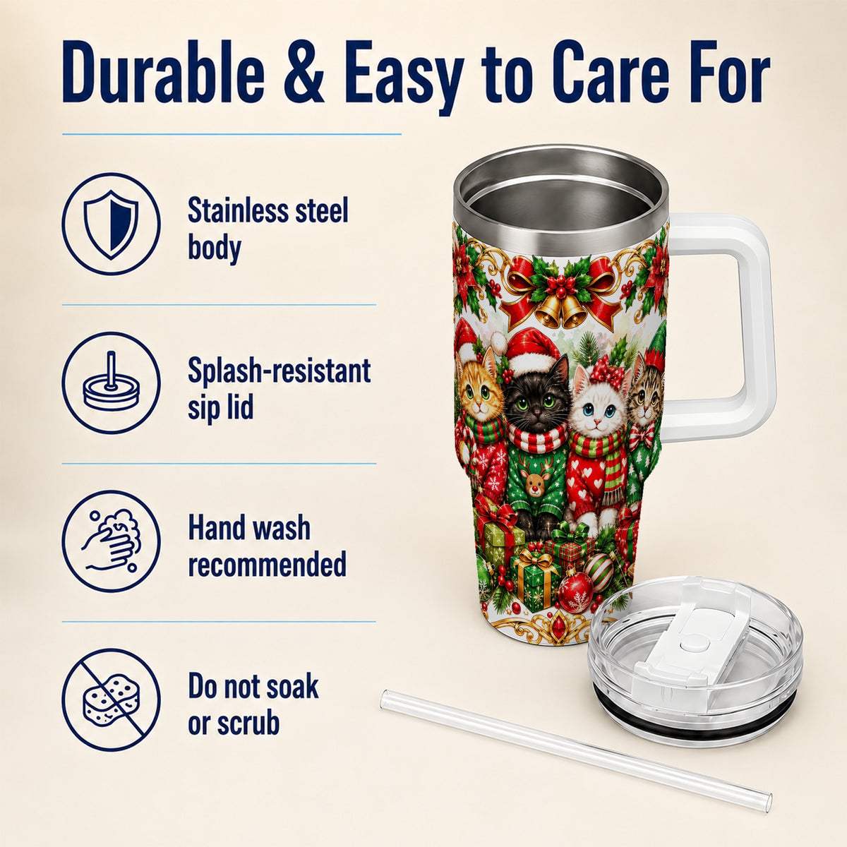 Christmas Kittens 40oz Tumbler with Handle, Four Festive Cats Design