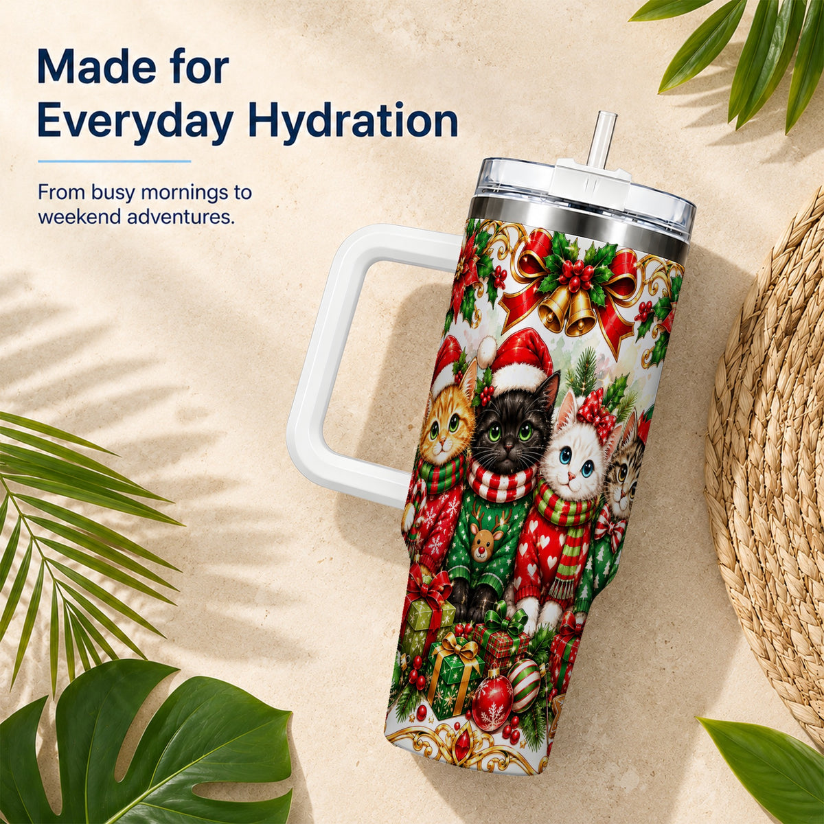 Christmas Kittens 40oz Tumbler with Handle, Four Festive Cats Design
