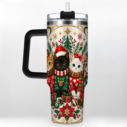 #pl[40oz|Black] Christmas Cat Family 40oz Tumbler with Handle, Holiday Kittens Art