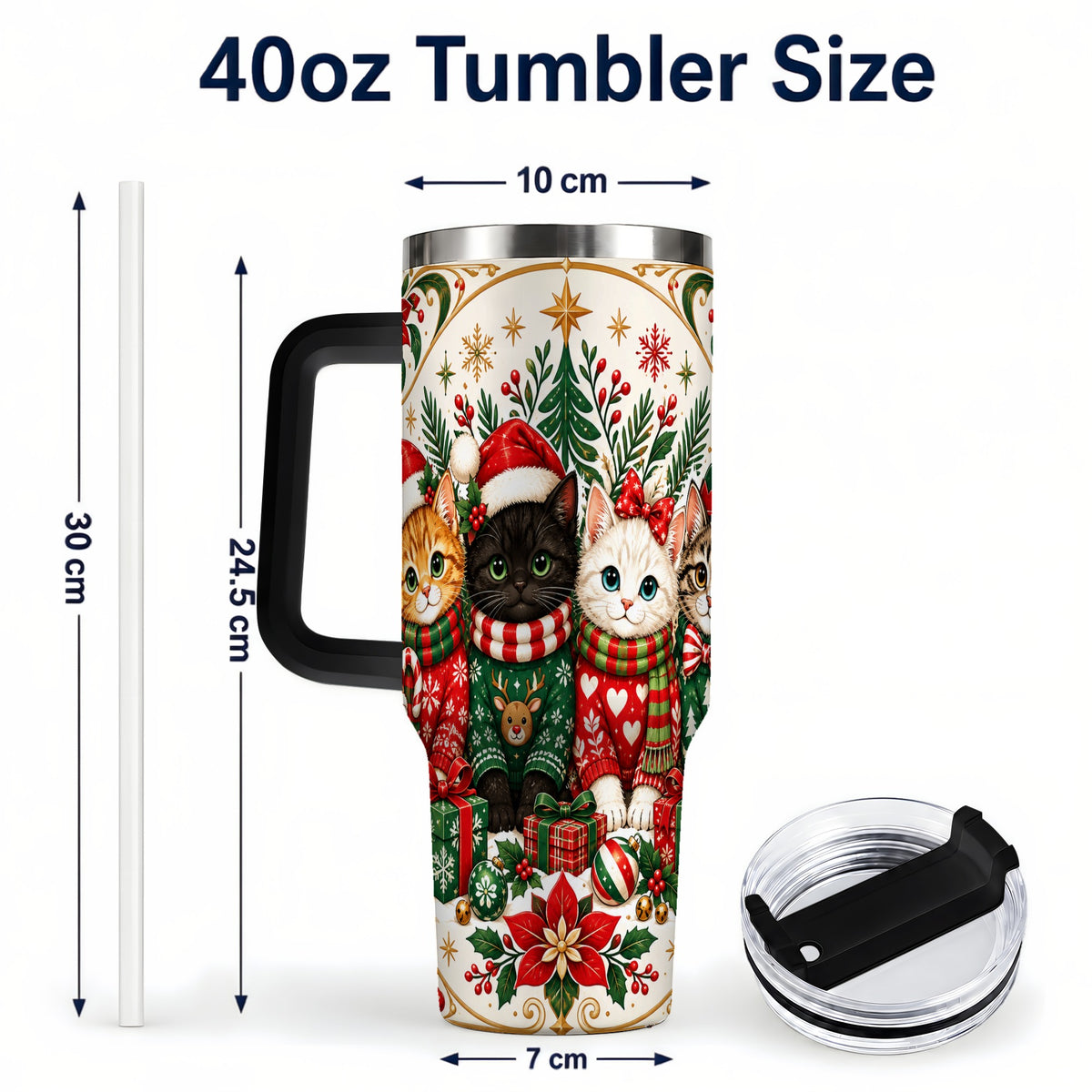 #pl[40oz|Black] Christmas Cat Family 40oz Tumbler with Handle, Holiday Kittens Art
