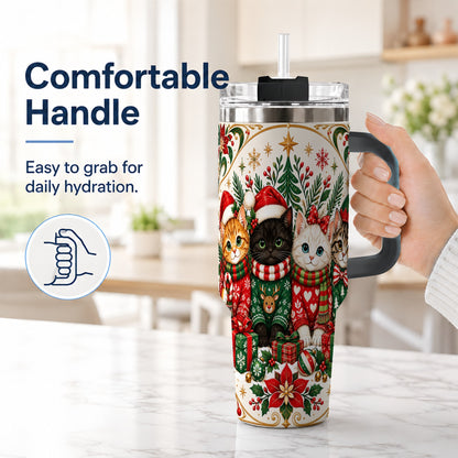 #pl[40oz|Black] Christmas Cat Family 40oz Tumbler with Handle, Holiday Kittens Art