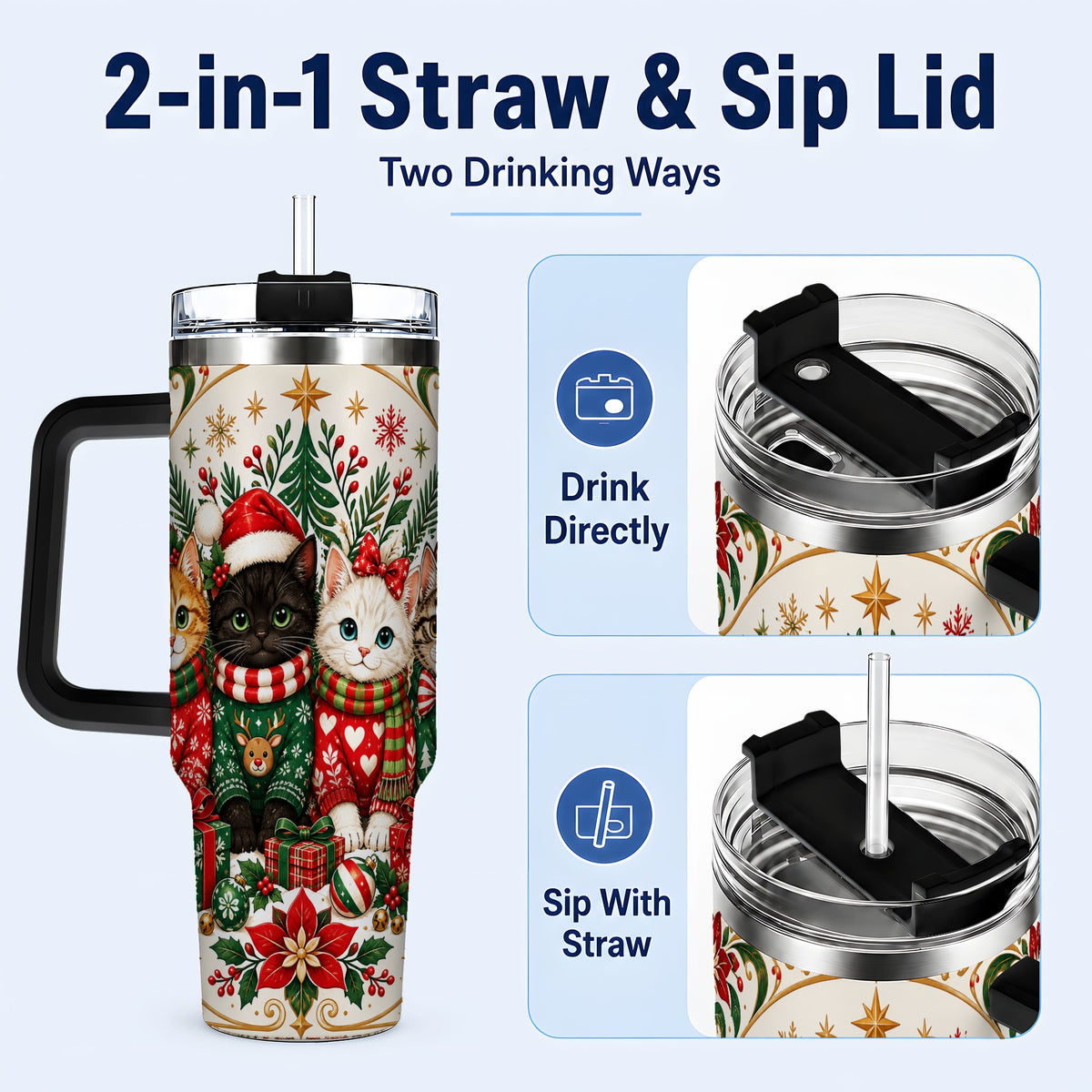 #pl[40oz|Black] Christmas Cat Family 40oz Tumbler with Handle, Holiday Kittens Art