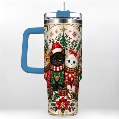 #pl[40oz|Blue] Christmas Cat Family 40oz Tumbler with Handle, Holiday Kittens Art