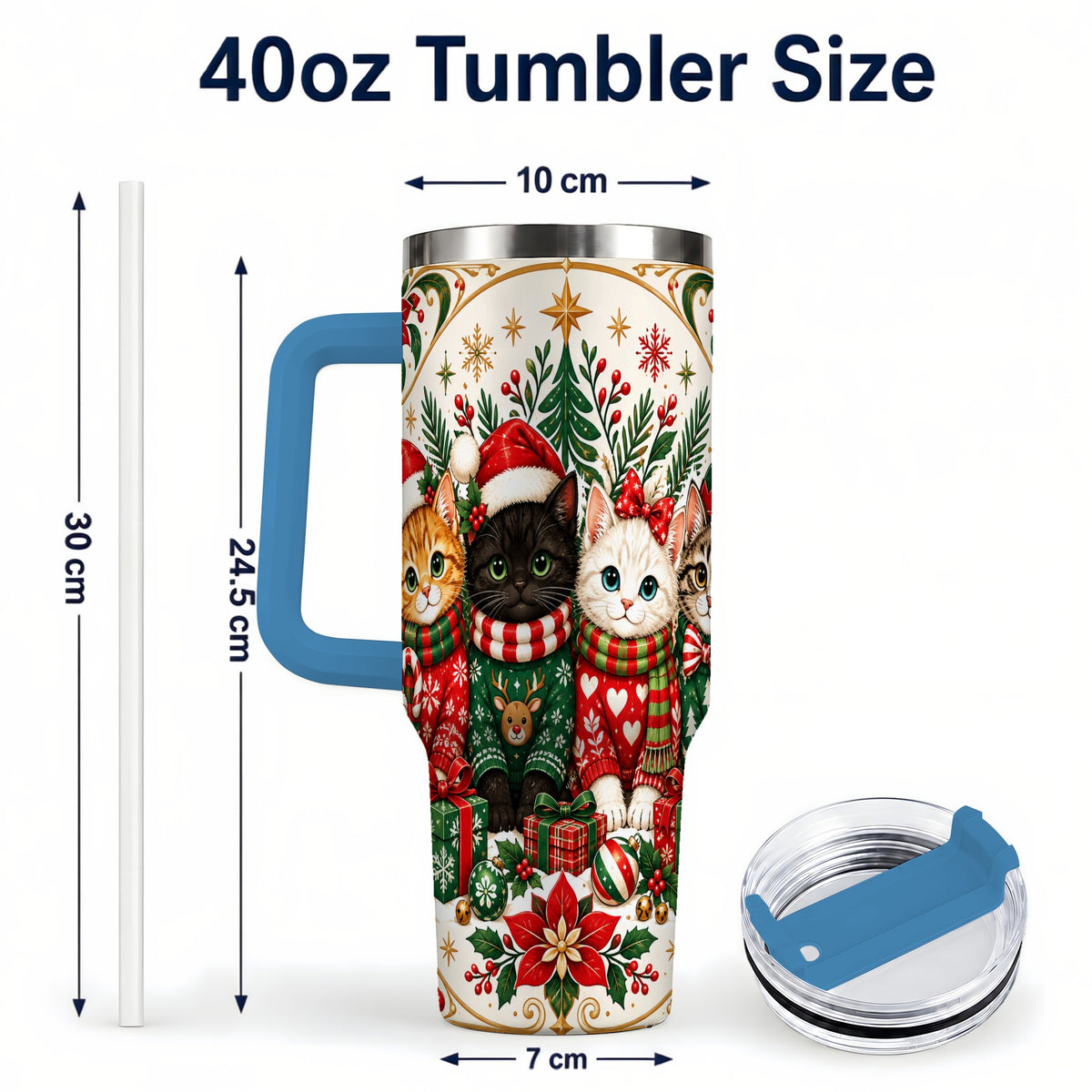 #pl[40oz|Blue] Christmas Cat Family 40oz Tumbler with Handle, Holiday Kittens Art